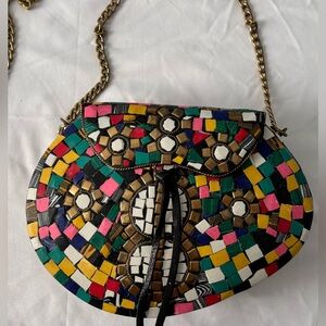 Wearable Art Mixed-Media Metal Crossbody Bag with Gold-Tone Floral Details